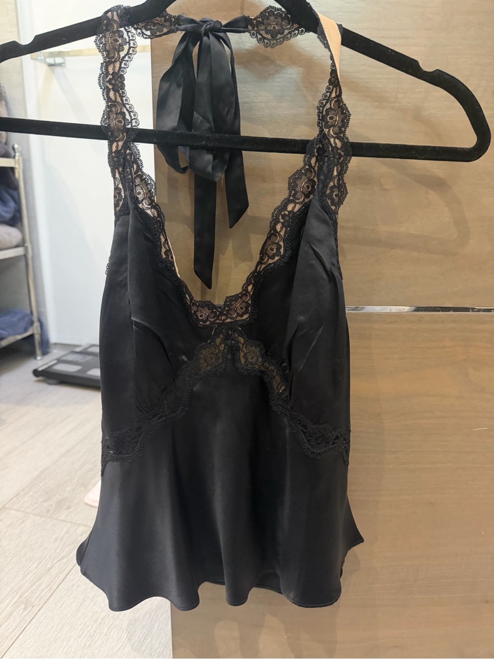 Reformation Black Satin Lace Halter